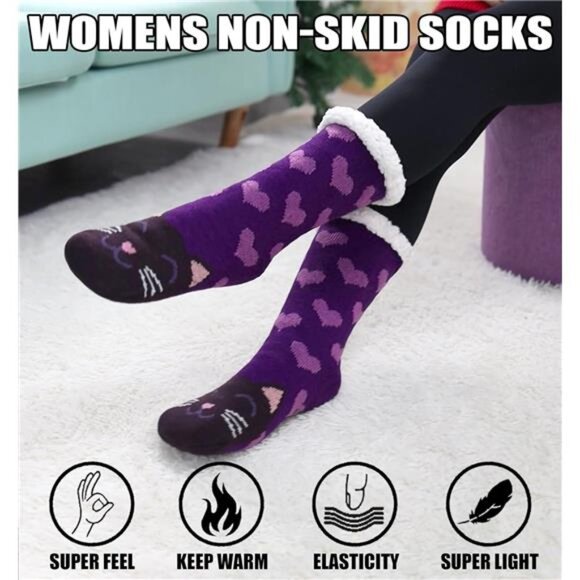 Womens Slipper Socks Soft Warm Fluffy Winter Fleece Lined Sherpa Socks - Picture 4 of 6